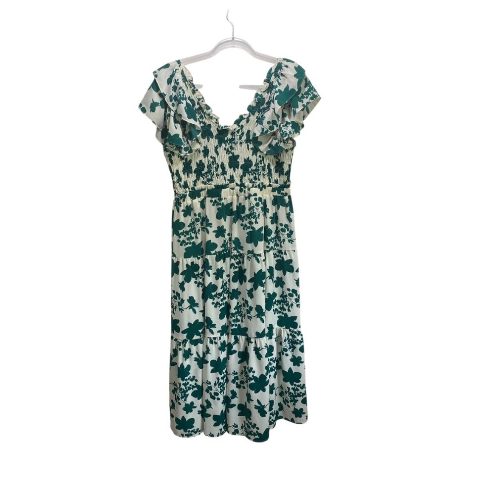 Umgee USA Midi Tiered Green Floral Dress Women LG Smocked Boho Fairycore Whimsy